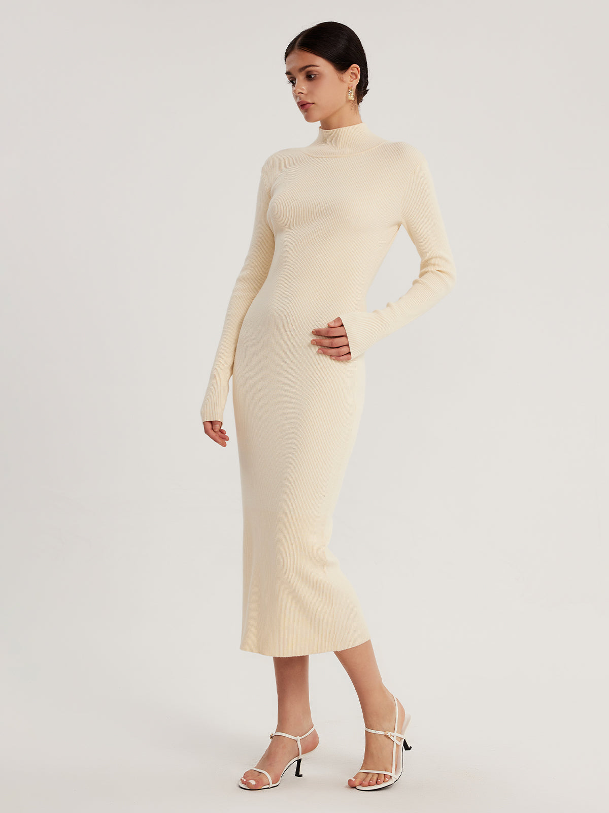 High Neck Long Sleeve Midi Dress