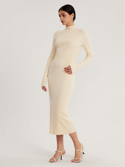 High Neck Long Sleeve Midi Dress