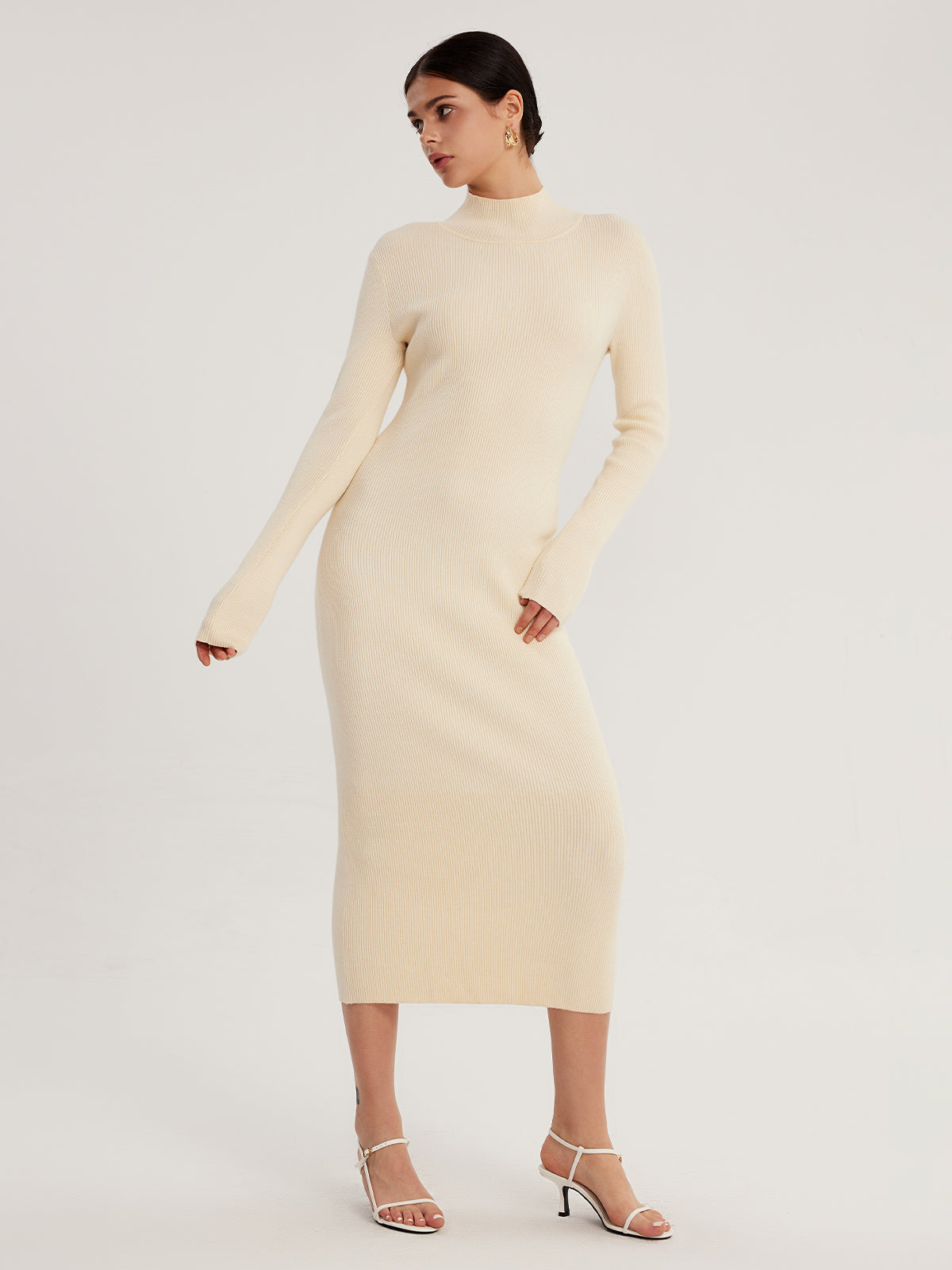 High Neck Long Sleeve Midi Dress