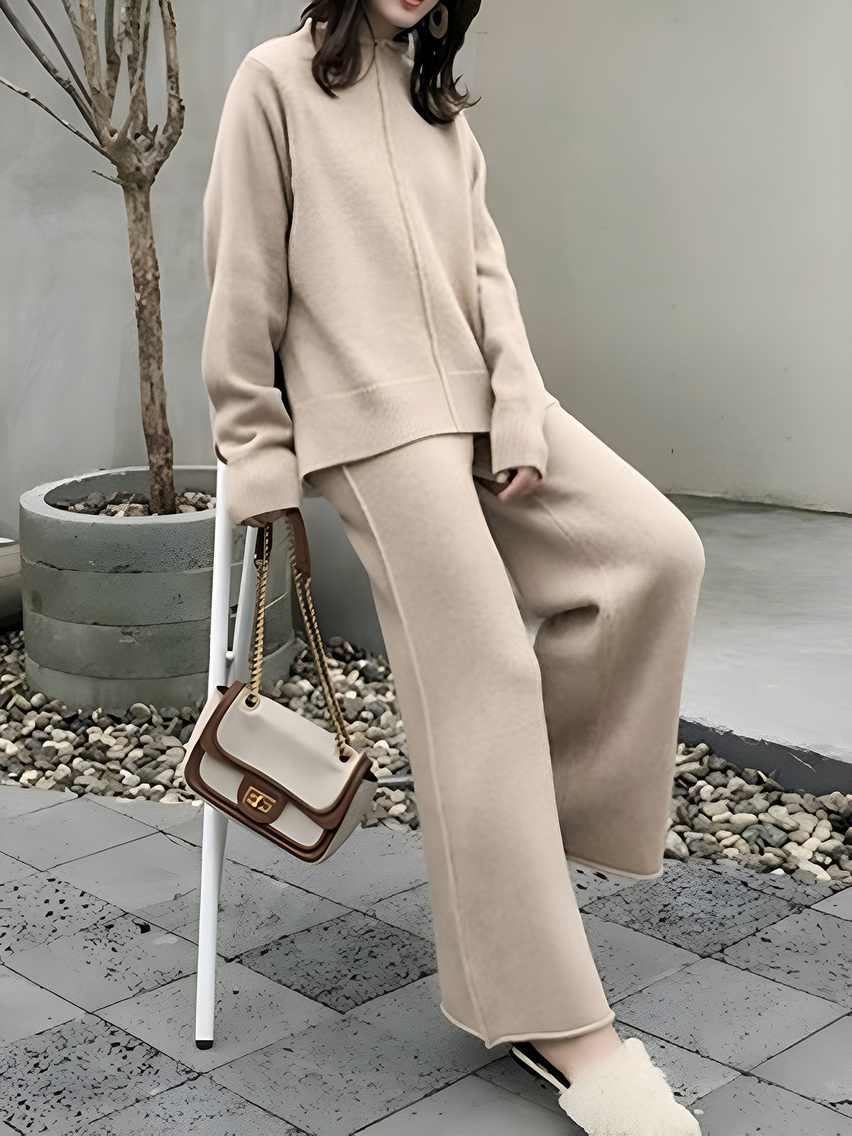 Side Slit Sweater & Knitted Wide-Leg Pant 2 Piece Lounge Set